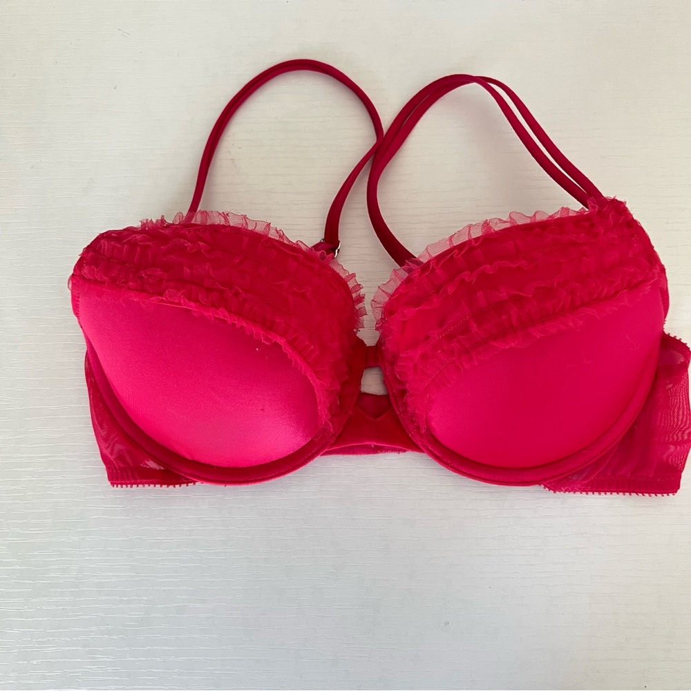 Victorias Secret Hot Pink Mesh Ruffle Adjustable Balconet Bra Size 34B